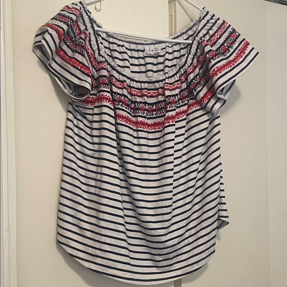 THML Black and White Striped Blouse with Red Embroidery